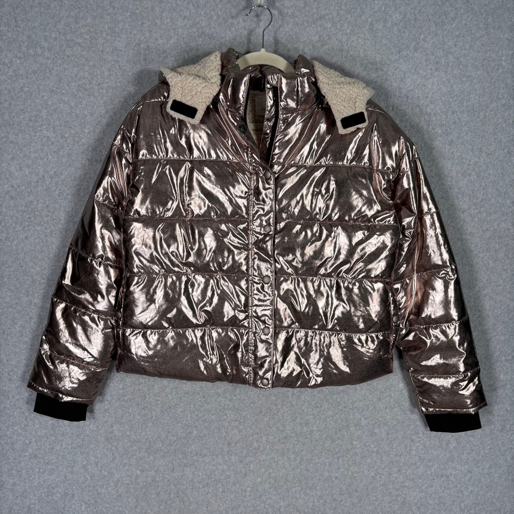 Aerie Offline Metallic Puffer Jacket Medium Bronze Sherpa Lined Hooded Shiny